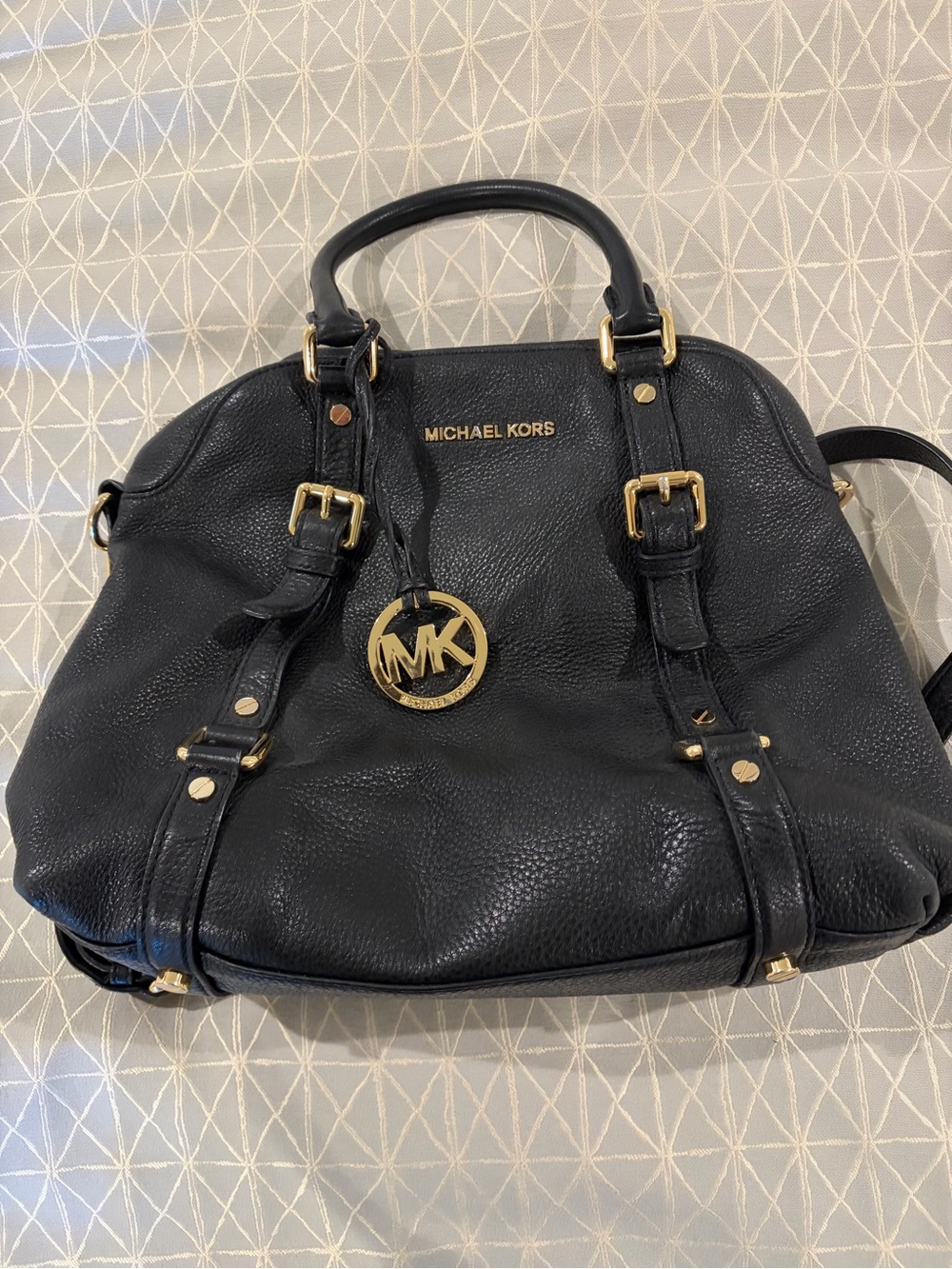 Michael Kors Black Pebbled Leather Satchel with Gold Accent MK Charm